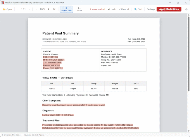 patient record before redaction