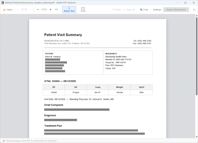 patient record after redaction